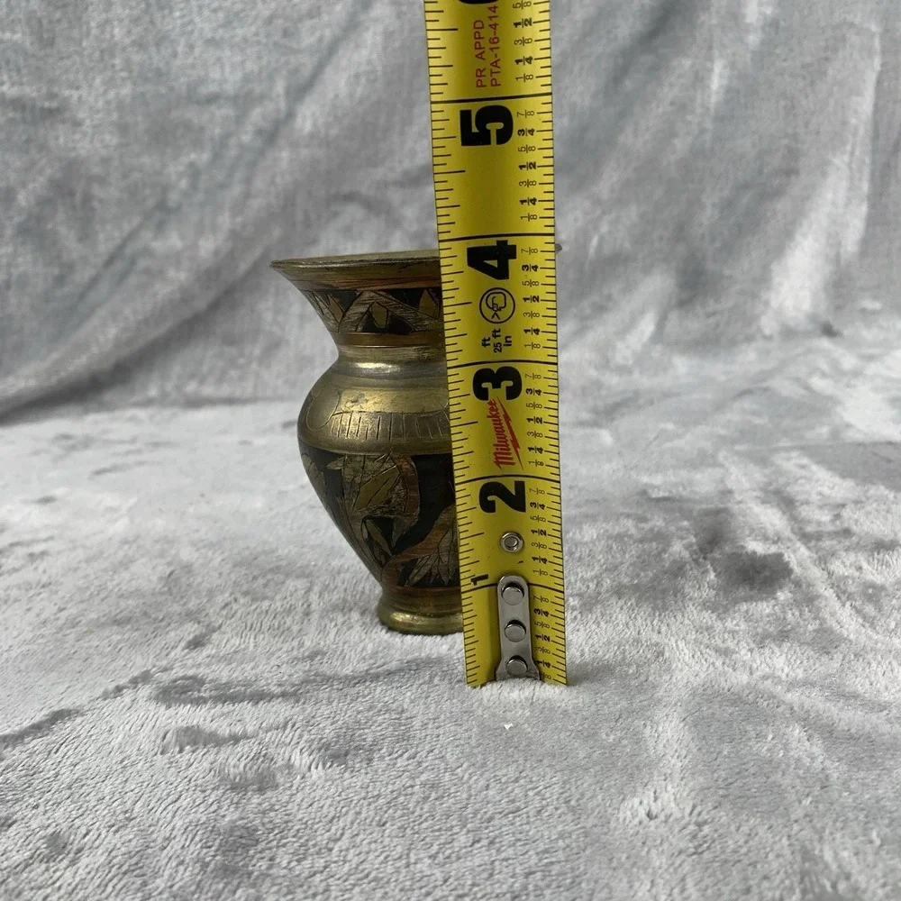 Vintage Mixed Metal Small Vase Egyptian‎ Style Copper Brass 4 Inches Tall Patina